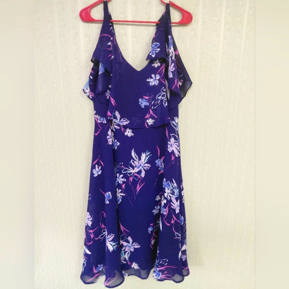 LANE BRYANT Navy and Purple Floral Midi Dress Flowy Fairy Whimsical